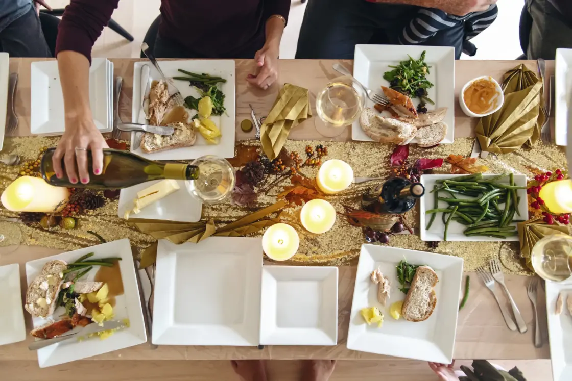 holiday table setting with food and decor