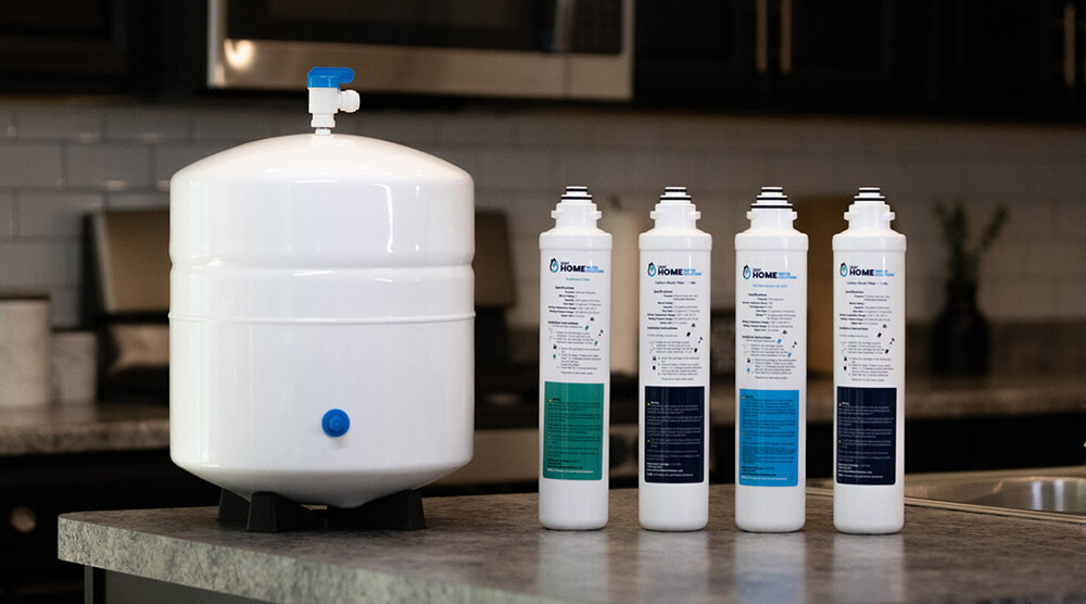 reverse osmosis products laid out on a counter top
