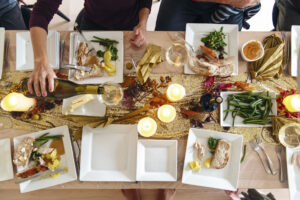 holiday table setting with food and decor